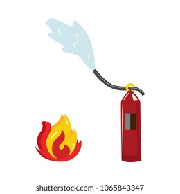 Fire flames and extinguisher icon. Burning hot abstract blaze and hirefighter symbol. Danger, explosion flammable sign. Red yellow igniting emblem. Vector isolated illustration.