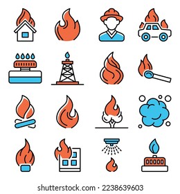 Incendios y Iconos de extinción de incendios sobre fondo blanco. Vector