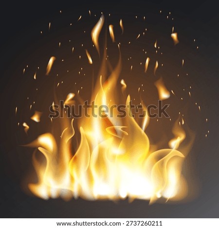 Fire flames with flying sparks creating light and heat, representing energy and power