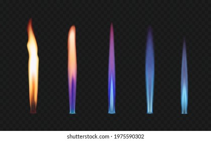 Fire flames, gas and zinc, potassium, stronium and sodium burning tongues vector set. Blaze glow effect, orange, blue and purple shining flares. Inferno blazing, realistic 3d ignition isolated lights
