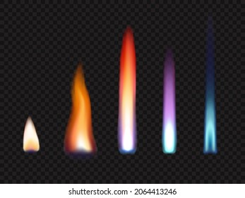 Fire flames of gas and zinc, potassium, strontium and sodium, realistic vector. Burning fire flames of natural gas or chemical elements with light glow or energy blaze effect isolated on transparent