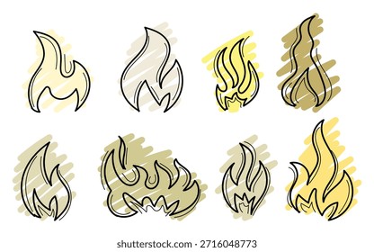 Feuerflammen, handgezeichnet mit schwarzen Umrissen und gelben und braunen Füllfarben, werden auf weißem Hintergrund angezeigt und schaffen ein einfaches Muster für verschiedene kreative Projekte.