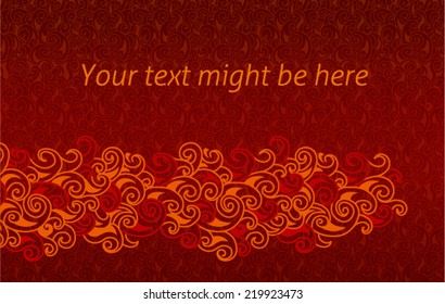 Fire flames horizontal banner with plenty space for text on dark red background in vector. Curly background