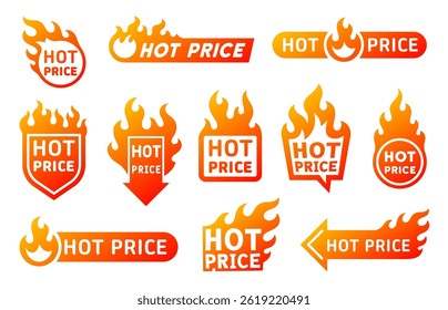 Fire flames hot price promotion and deal labels. Isolated vector emblems, stickers, badges, tags or icons with burning blaze tongues. Special offer promo for discounted items, retail or clearance sale