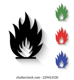 fire flames icon - black and colored (green, red, blue) illustration with shadow