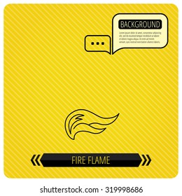 Fire flames icon. Blazing bonfire sign. Chat speech bubbles. Orange line background. Vector