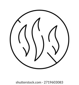 Icono de llamas de fuego dibujando un contorno negro que representa un símbolo de calor, ardor, peligro y temperaturas calientes dentro de un marco circular sobre un fondo blanco