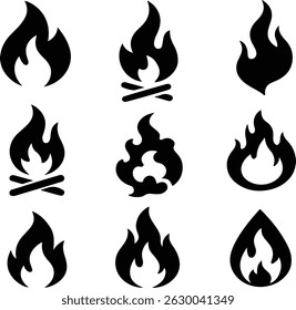 Fire flames icon. Fire flames. Flame symbols. Set of silhouette fire flame. Collection of hot flaming element. Fire, flame vector illustration.