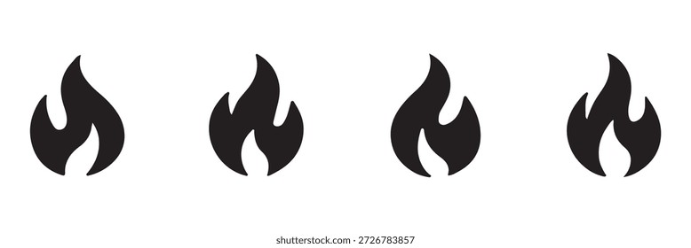 Fire flames icon set. Burning hot vector silhouettes on transparent background