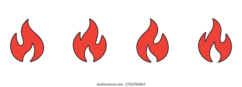 Fire flames icon set. Burning hot vector silhouettes on transparent background