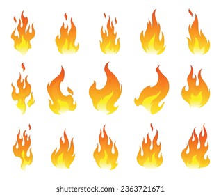 Fire flames icon set. Cartoon heat wildfire or bonfire, burn power fiery. Power light energy silhouettes. Campfire element in flat style. Isolated vector illustration