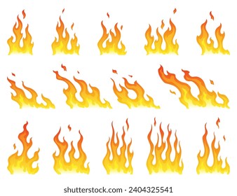 Fire flames icon set. Cartoon heat wildfire or bonfire, burn power fiery. Power light energy silhouettes. Campfire element in flat style. Isolated vector illustration