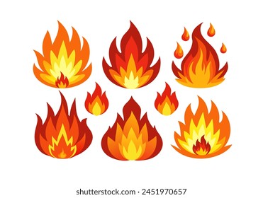 Fire flames icon set. Cartoon heat wildfire or bonfire, burn power fiery. Power light energy silhouettes. Campfire element in flat style