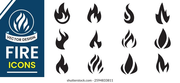 Fire flames icon set collection. Fire icon, silhouette. Fire flame symbol. Bonfire silhouette, vector, line art icon, logo design on white background. Campfire symbol. Bonfire vector illustration.