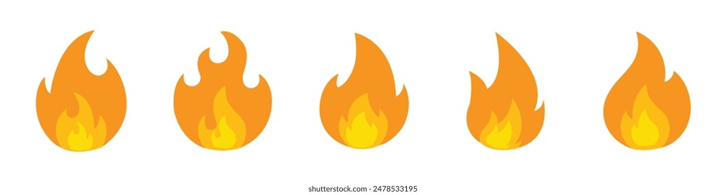 Fire flames icon set. Fire flames. Flame symbols. Set of yellow and orange fire flame. Collection of hot flaming element. Fire, flame vector illustration.