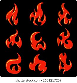 Fire flames icon set. Fire flames. Flame symbols. Set of yellow and orange fire flame. Collection of hot flaming element With charcoal or pencil drawn illustration