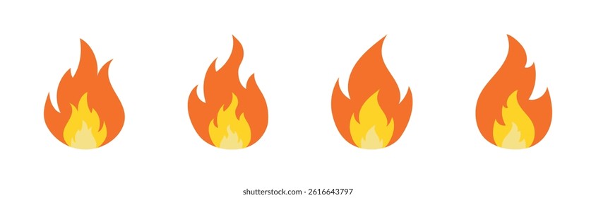 Fire flames icon set. Fire flames. Flame symbols. Set of yellow and orange fire flame. Collection of hot flaming element. Fire, flame vector illustration. Isolated on white background