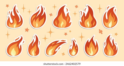Conjunto de pegatinas de iconos de llamas de fuego. Bola de fuego brillante, fuego salvaje caliente, hoguera roja, llamas de fuego rojo. Dibujado a mano aislado en blanco. Llamas de la etiqueta engomada de dibujos animados del estilo plano de moda. Ilustración vectorial