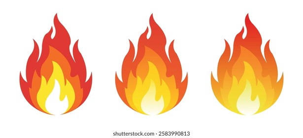 Fire flames icon. Fire symbol set. Contour bonfire, linear flaming elements. Bright burn flame icon set isolated on white background. Campfire, bonfire, flame sign, front view