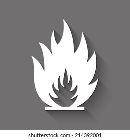 Fire flames icon - white illustration with shadow on gray background