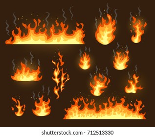 Fire flames icons set isolated on white vector illustration