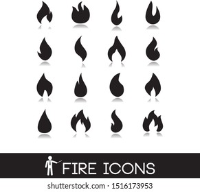 Fire flames icons. Set vectors in black style.