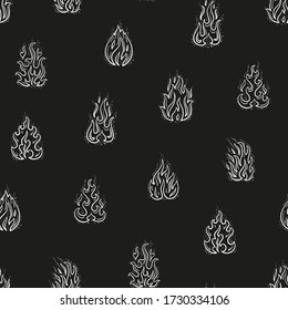 Fire Flames Icons Vector Seamless Pattern. Hand Drawn Doodle Sketch Fire Flame. Black and White Background