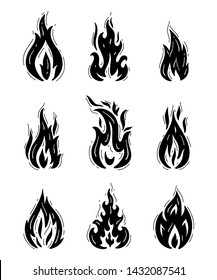 Fire Flames Icons Vector Set. Hand Drawn Doodle Sketch Fire Flame Tattoo Black and White Drawing.