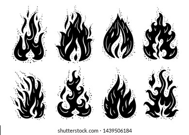 Fire Flames Icons Vector Set. Hand Drawn Doodle Sketch Fire Flame Tattoo Silhouettes Black and White Drawing