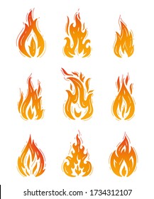 Fire Flames Icons Vector Set. Hand Drawn Doodle Fire Flame Tattoo Silhouettes Drawing