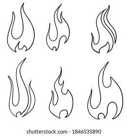 Fire Flames Icons Vector Set. Hand Drawn Doodle Sketch Fire Flame Tattoo Black and White Drawing.