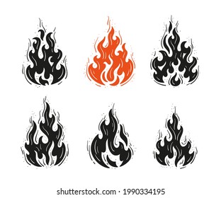 Fire Flames Icons Vector Set. Fire Flame Tattoo Silhouettes Black And White Drawing