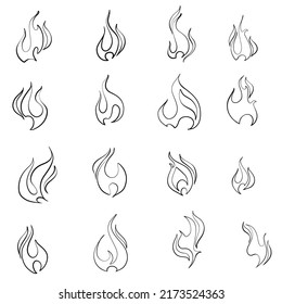 Fire Flames Icons Vector Set. Hand Drawn Doodle Sketch Fire Flame Tattoo Black and White Drawing.