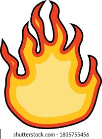 Fire flames illustration vector icon design. Cartoon bonfire campfire. Simple flat illustration. Isolated bright flame with black border outline. Great for emoticons, stickers, logos, signs, symbols.