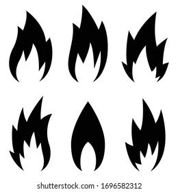 Fire flames isolated on white background, set black icons. Illustration vector