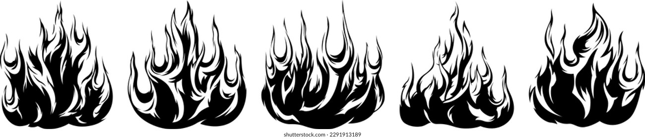 Fire flames isolated on white background. Tribal tattoo silhouette design.