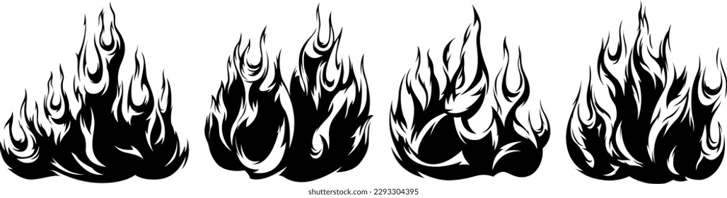 Las llamas del fuego aisladas en el fondo blanco. Diseño de silueta de tatuajes tribales.