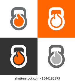 Fire flames and kettlebell logo icon, burning kettle bell vector illustration design