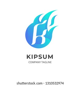 Fire flames logo design concept. Letter K logo on fire shape. Abstract fire flame with soft blue gradient color. Can be use as icon and symbol for application, business, corporate, and creatives