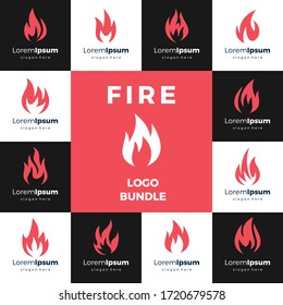 Logo de llamas de fuego / colección de iconos, vector de haz rojo caliente aislado en fondo blanco y oscuro.