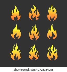 Iconos de las plantillas de logotipo de llamas de fuego. Colección de elementos de diseño para pegatinas, pines e impresiones. Ilustración vectorial.