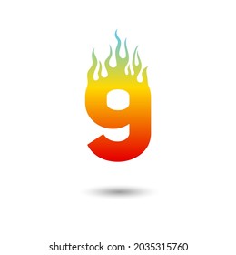 Fire Flames number 9 icon design on a white background. Numeric hot logo for posters, postcard, card, banner, anniversary.
