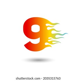 Fire Flames number nine 9 icon design on a white background. Numeric hot logo for posters, postcard, card, banner, anniversary.
