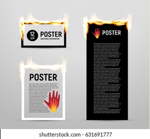 Fire Flames on an Advertising Posters Set Design. A bright fire that attracts attention. Vector Illustration collection. Logo on flyer.