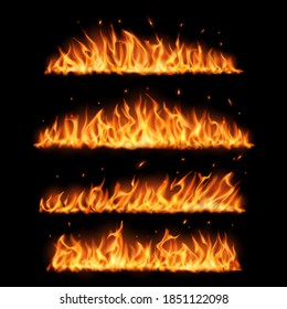 Fire flames on black background realistic vector design. Burning fire with hot red flames and sparks, glowing line borders of campfire, bonfire or fireplace, bright flares of wildfire blaze