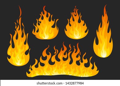 Fire flames on dark background. Vector set