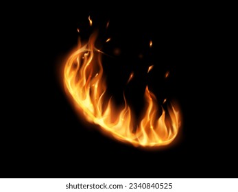 Fire flames on ring, isolated 3d vector round frame with realistic burning tongues and sparks. Circular border with glow effect. Yellow fiery platform or magic portal perspective angle view isolated