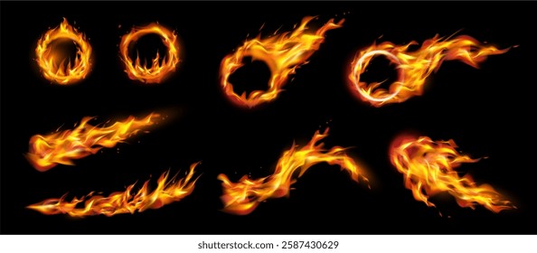 Fire flames on ring, round frame with burning tongues and sparks. Vector realistic circular border with glow effect. Yellow fiery magic portal perspective angle view, set of comets and trails