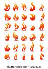 Fire flames on white background vector, set icons