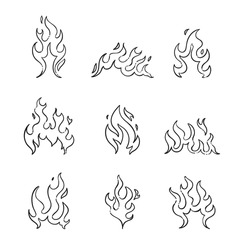 Fire And Flames Outline Icon Set. Contour Bonfire, Linear Flaming. Hand Drawn Fire Flames Sketch. Different Fire Flames Thin Line Style. Vector Illustration. Isolated On White Background. Fire Sign.